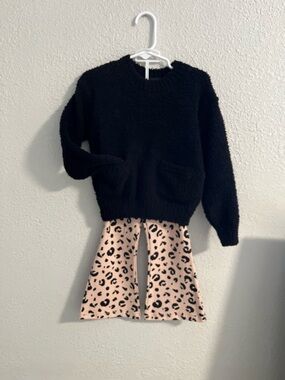Dkny Black Fuzzy Sweater with Pink Leopard Print Flare Pants